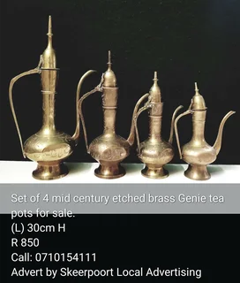 Set of 4 Mid century etched brass genie pots for sale