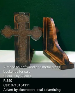 Vintage pair of wood and metal cross bookends for sale