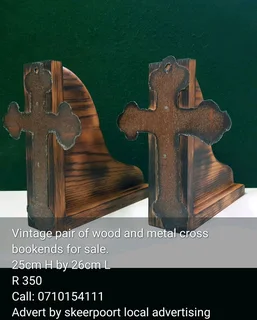 Vintage pair of wood and metal cross bookends for sale