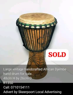 Large vintage handcrafted Djembe hand drum for sale