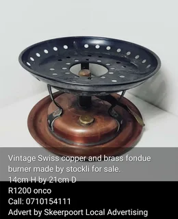 Vintage swiss copper and brass fondue burner made by stockli for sale