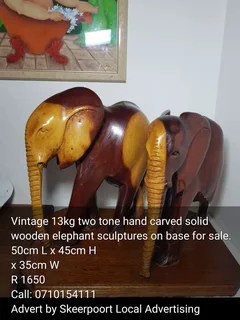 Vintage 13kg two tone hand carved solid wooden elephant sculptures for sale