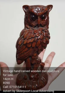 Vintage hand carved solid wood owl sculpture for sale