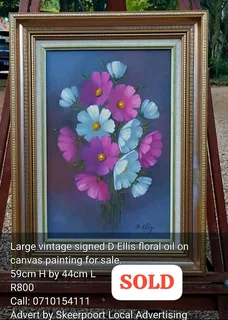 Large vintage signed D Ellis floral oil canvas painting for sale