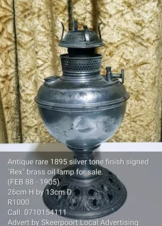 Antique rare 1895 silver tine finish signed Rex brass oil lamp for sale