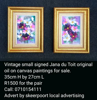 Vintage small signed Jana du Toit original oil on canvas paintings for sale.