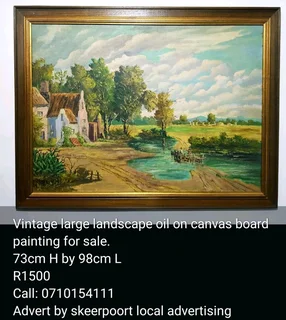 Vintage large landscape oil on canvas board painting for sale