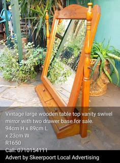 Vintage large wooden tabletop vanity swivel mirror with two drawer for sale