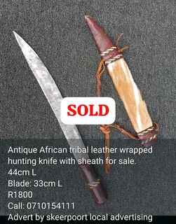 Antique African tribal leather wrapped hunting knife with sheath for sale