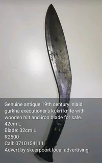Genuine antique 19th century inlaid gurkha executioner's kukri knife with wooden hilt,iron blade