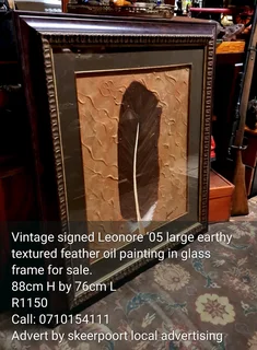 Vintage signed Leonore '05 large earthy textured feather oil painting in glass frame for sale