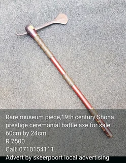 Rare museum piece,19th century Shona prestige ceremonial battle axe for sale.