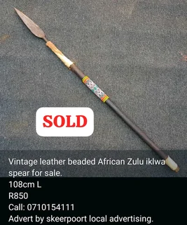 Vintage leather wrapped beaded African Zulu iklwa spear for sale