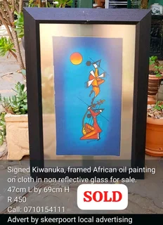 Signed and framed large oil painting on cloth for sale.