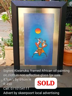 Signed and framed large oil painting on cloth for sale.