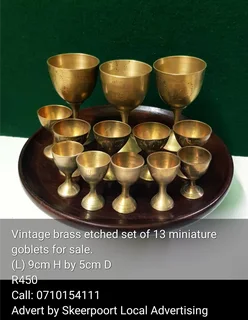 Vintage brass etched set of 13 miniature goblets for sale
