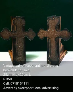 Vintage pair of wood and metal cross bookends for sale