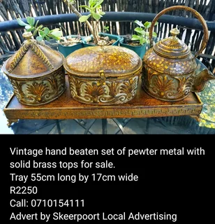 Vintage hand beaten set of pewter with brass tops for sale