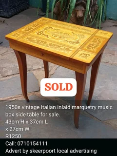 1950s vintage Italian inlaid marquetry music box side table for sale