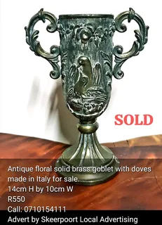 Antique floral solid brass goblet with doves made in Italy for sale.