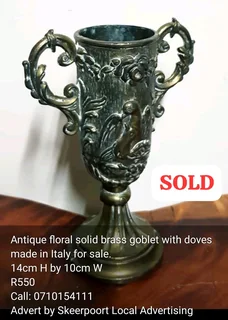 Antique floral solid brass goblet with doves made in Italy for sale.