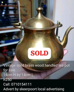 Vintage solid brass wood handled tea pot for sale