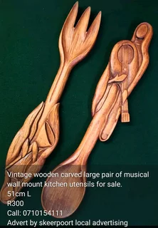 Vintage wood carved large pair of musical wall mount kitchen utensils for sale