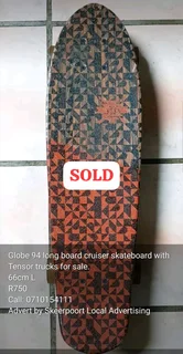 Globe 94 long board cruiser skateboard with tensor trucks for sale.