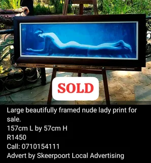 Large beautifully framed nude lady print for sale.