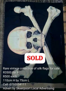 Rare collection of silk flags for sale. R500 each/R3500 for 9 flags