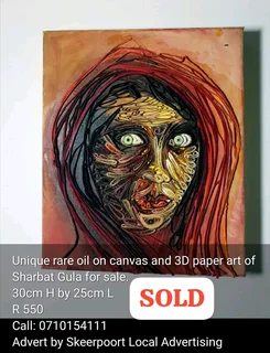 Unique rare oil on canvas and 3D paper art of Sharbat Gula for sale