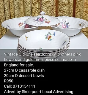 Vintage Old Chelsea johnson Brother's pink flowers and gold rim set made in England for sale