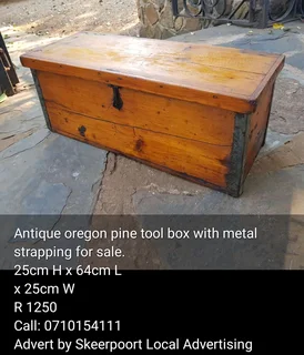 Antique Oregon pine tool box with metal strapping for sale