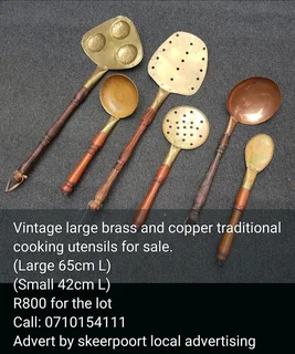 Vintage large brass and copper traditional cooking utensils for sale