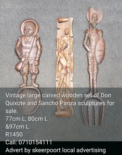 Vintage large carved wooden set of Don Quixote and Ssncho Panza sculptures for sale