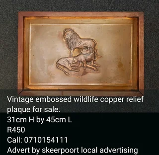 Vintage embossed copper wildlife relief plaque for sale