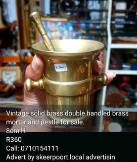 Vintage solid brass double handled mortar and pestle for sale