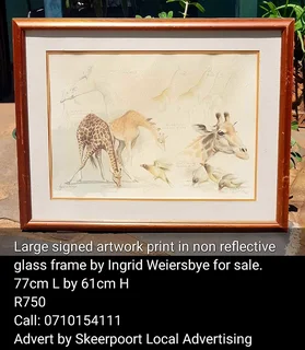 2x large signed Ingrid Weiersbye artwork prints in non reflective  glass frame for sale