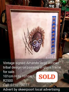 Vintage signed Amanda large African tribal design oil painting in glass frame for sale