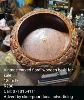Vintage carved  floral wooden bowl for sale