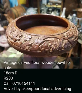 Vintage carved  floral wooden bowl for sale