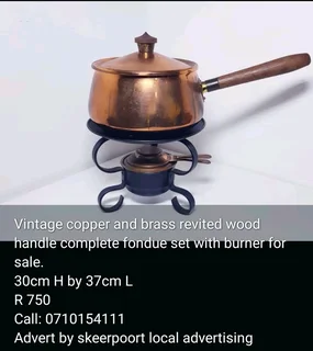 Vintage copper and brass revited wood handle complete fondue set with burner for sale
