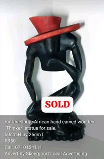 Vintage large African carved wooden thinker sculpture for sale