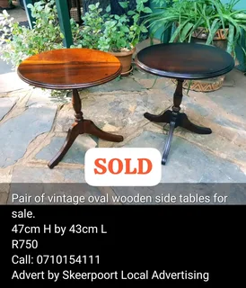 Pair of vintage oval wooden side tables for sale