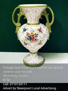 Vintage large floral hand painted ceramic vase for sale