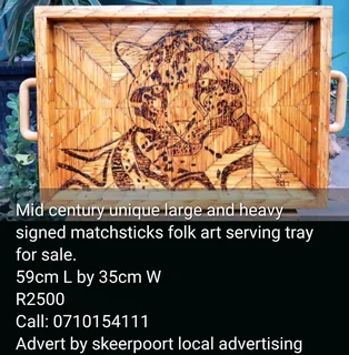 Mid century unique large and heavy signed burnt matchsticks folk art serving tray for sale