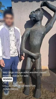 Very large vintage solid wood carved monkey statue for sale