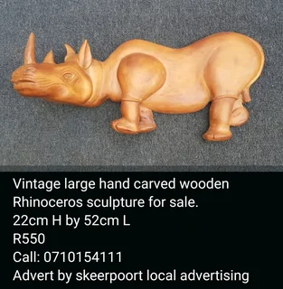 Vintage large hand carved wooden Rhinoceros sculpture for sale