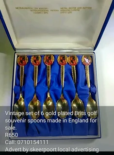 Vintage set of 6 gold plated Brits golf souvenir spoons made in England for sale
