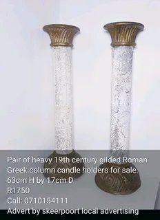 Pair of heavy 19th century gilded Roman Greek column candle holders for sale